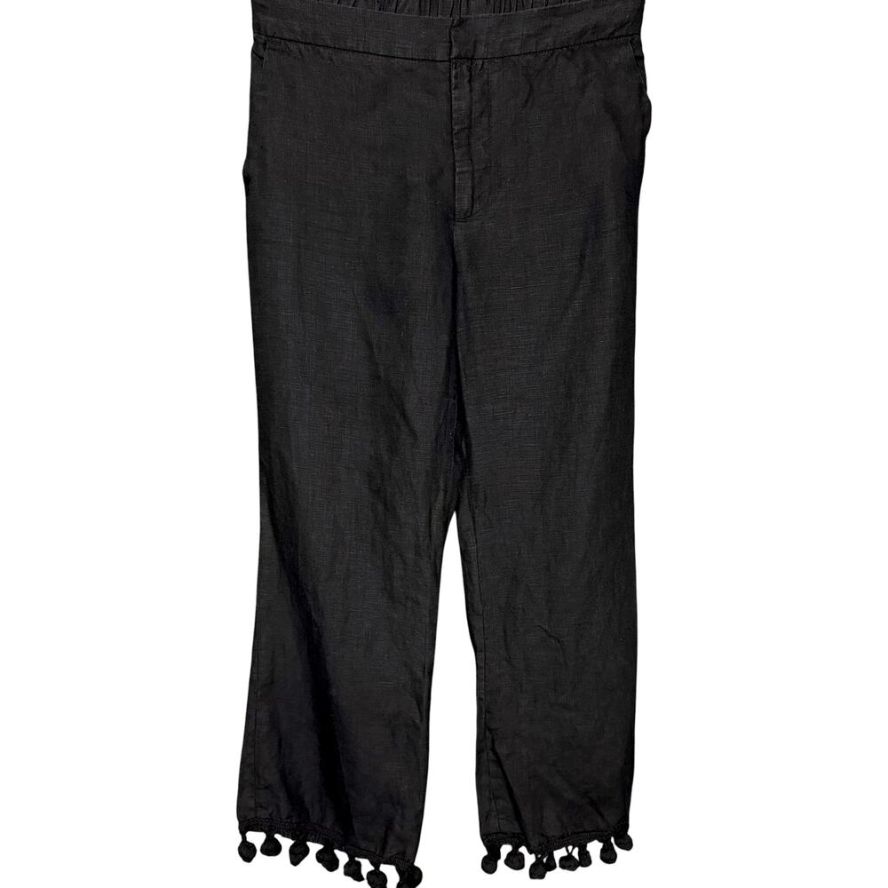 Zara Women's Small 100% Linen Black Straight Leg Cropped Pom Pom Tassel Pants